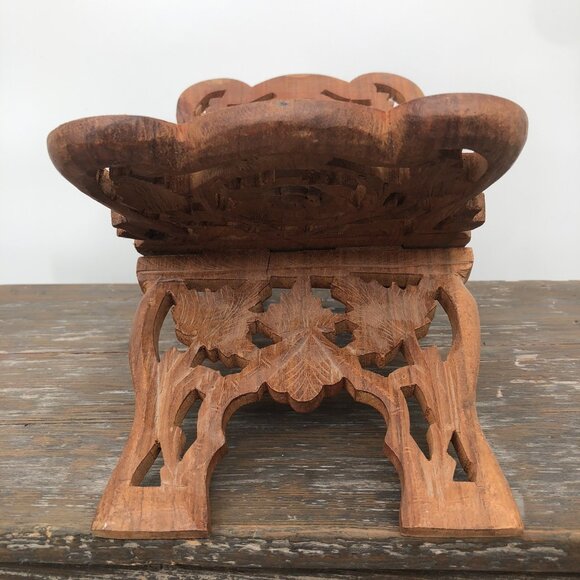 Carved Teak Wood Book Holder Stand Towels Napkins Cookbooks Vintage Floral Leaf - Picture 5 of 11